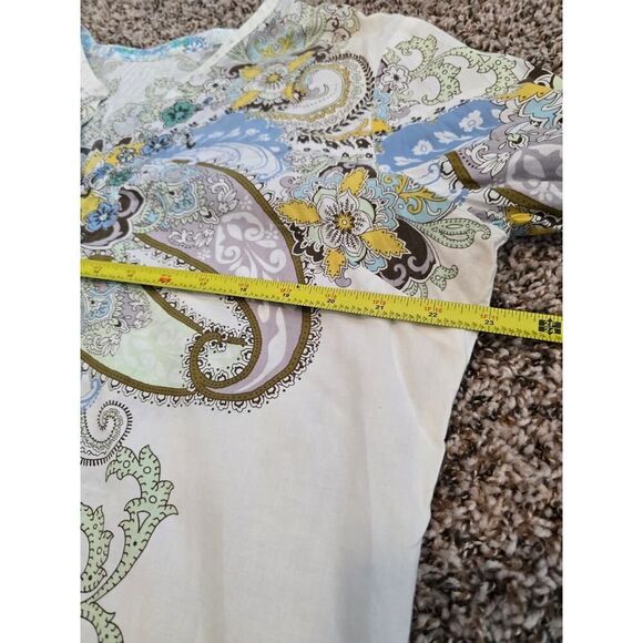 Boho Paisley Print & Knit Flowers Cotton Tunic Top 3/4 Sleeve Size L-M Artsy - Picture 7 of 8